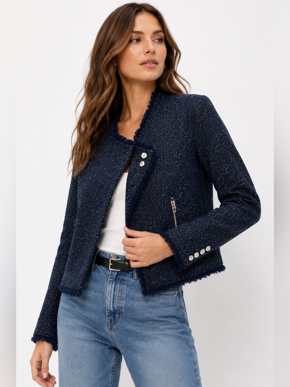 BLANKNYC Tweed Moto Jacket Medium Navy Fringe Trim Cropped Boucle Blazer